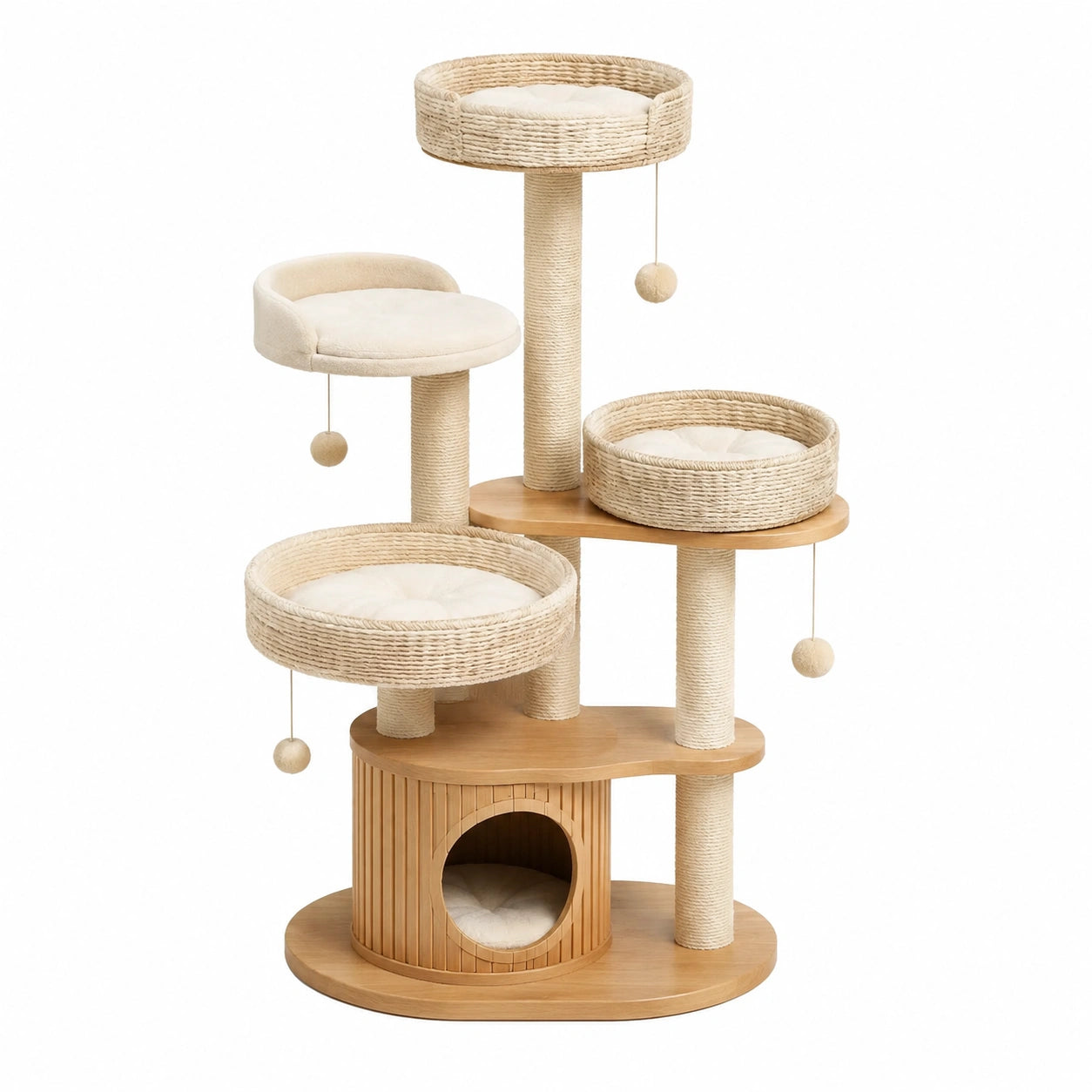 Arbre à chat multiniveau en bois, sisal et textile, beige et marron clair, 105 x 60 x 173 cm