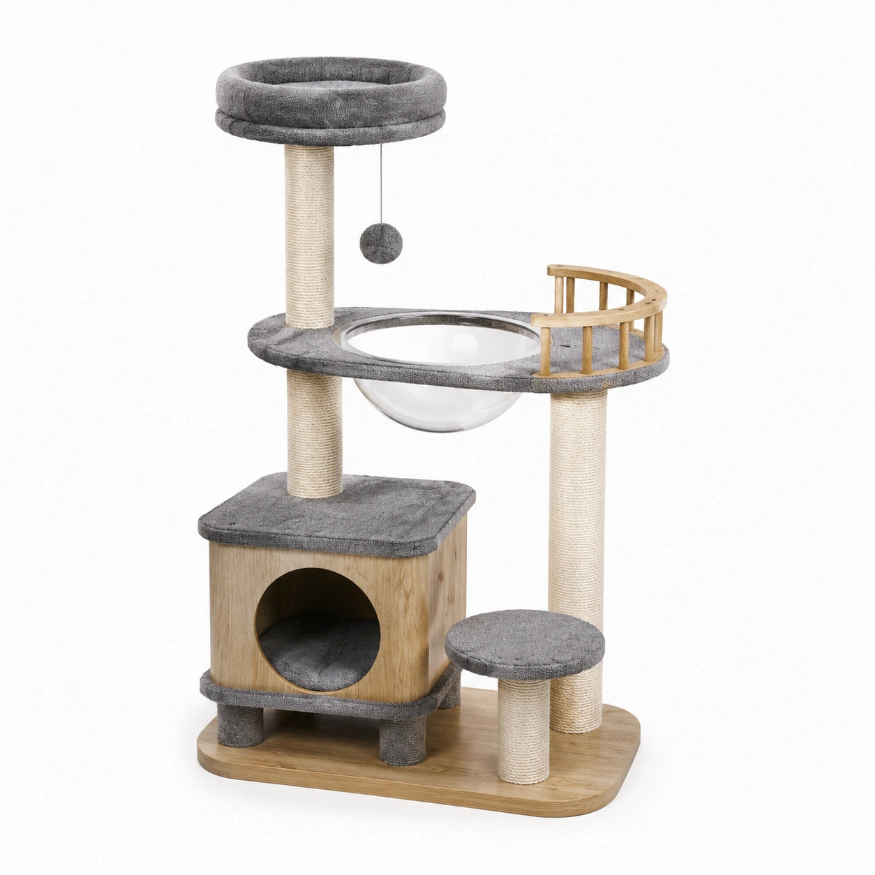 Arbre à chat en bois gris et beige naturel 90 x 50 x 150 cm avec niche, hamac transparent et poteaux en sisal