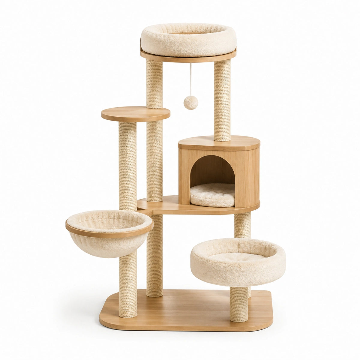Arbre à chat multiniveau en bois clair et sisal beige avec niche et couchages, 90 x 50 x 145 cm