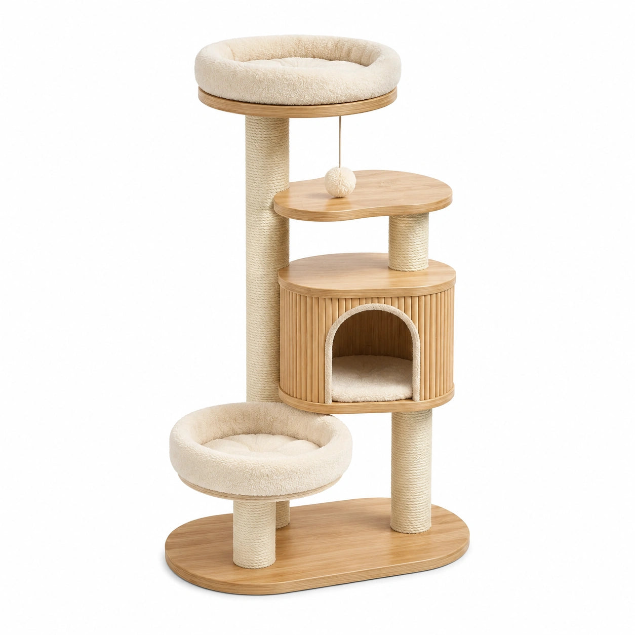 Arbre à chat en bois, sisal et tissu beige avec niche et deux couchages, 80 x 50 x 150 cm