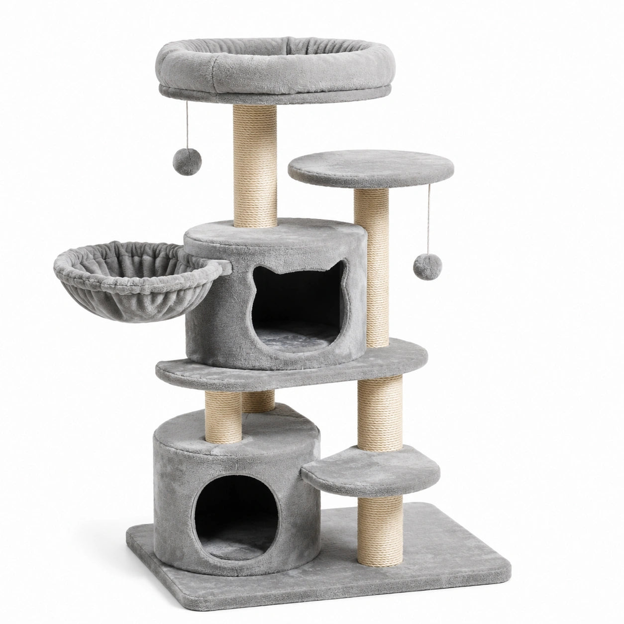 Arbre à chat gris et beige 60 x 50 x 145 cm avec 2 niches, hamac, plateformes et poteaux en sisal