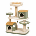 Arbre à chat multiniveau 96 x 50 x 135 cm en sisal et tissu peluche vert sauge, beige, crème et ocre avec niches et griffoirs