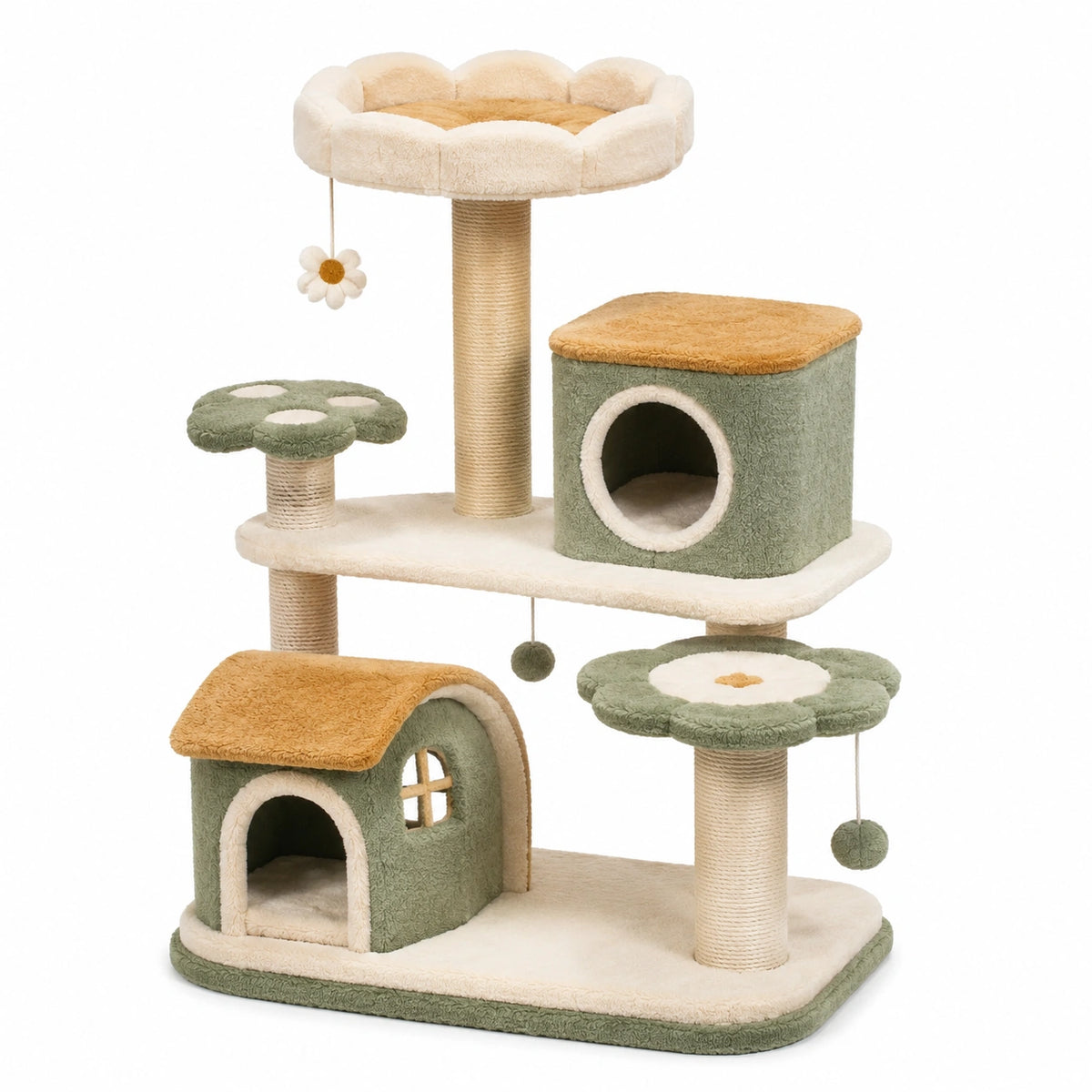Arbre à chat multiniveau 96 x 50 x 135 cm en sisal et tissu peluche vert sauge, beige, crème et ocre avec niches et griffoirs