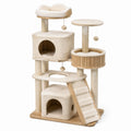 Arbre à chat en bois beige et marron clair avec niches, plateformes, panier et rampe, 100 x 60 x 170 cm