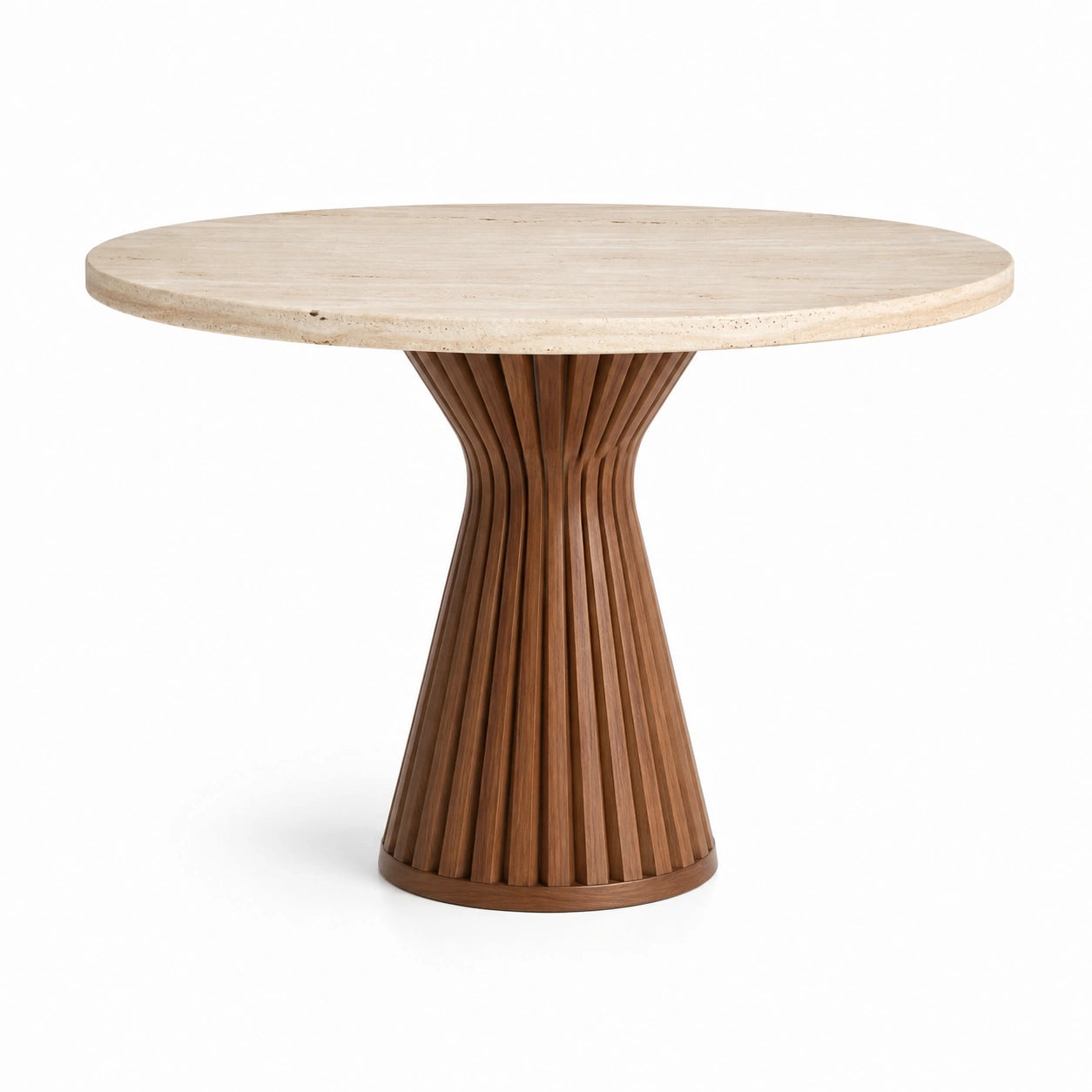 Table ronde Ø 120 x H 76 cm en travertin beige et bois brun avec piètement central sculptural