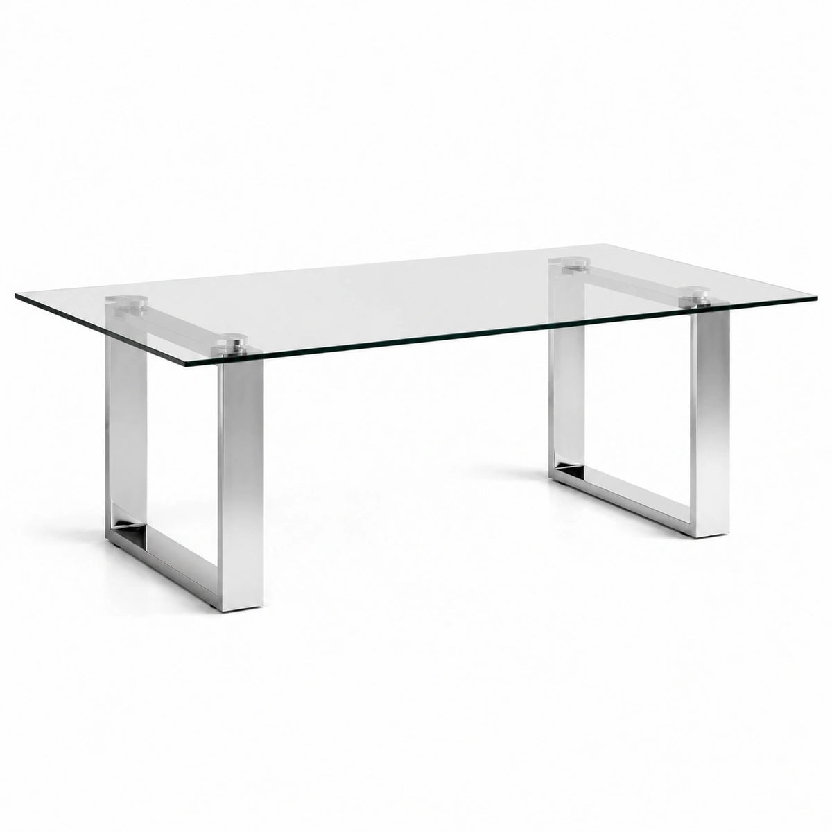Table à manger rectangulaire 160 x 90 x 75 cm en verre transparent et métal argenté, style contemporain