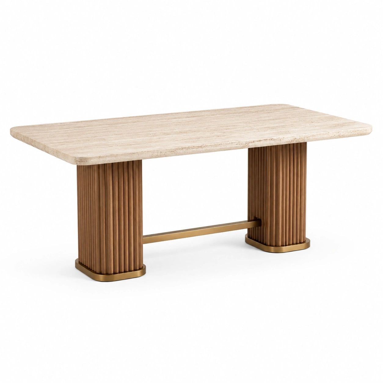 Table à manger contemporaine 180 x 90 x 76 cm, plateau effet pierre beige, pieds cannelés bruns et finitions dorées