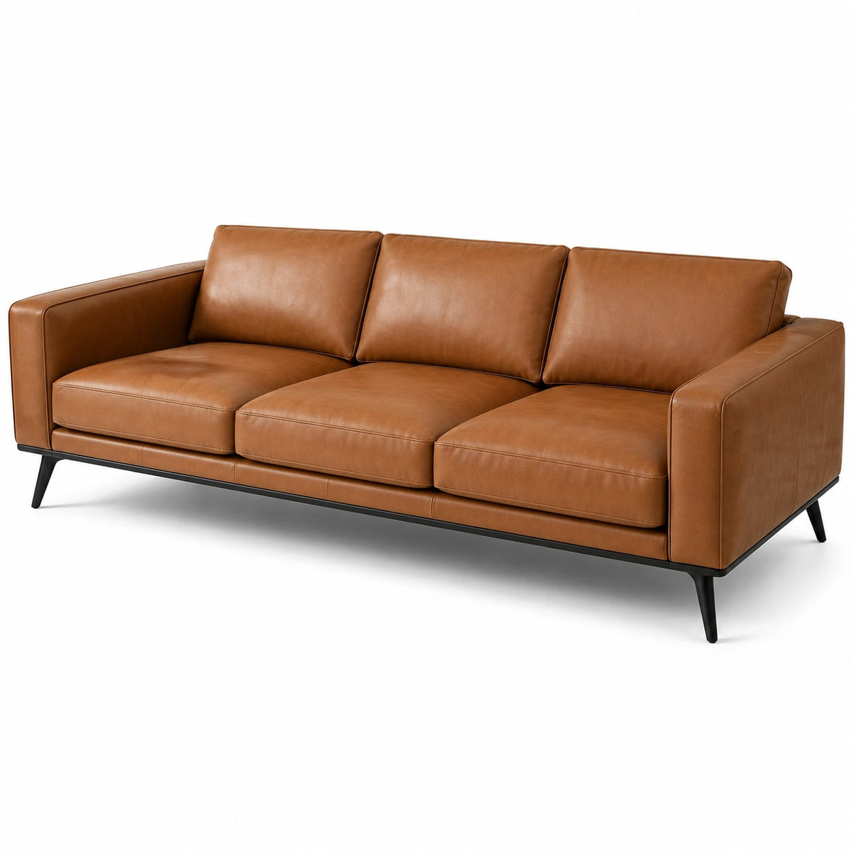 Canapé contemporain 3 places 218 x 88 x 84 cm, marron cognac avec pieds noirs