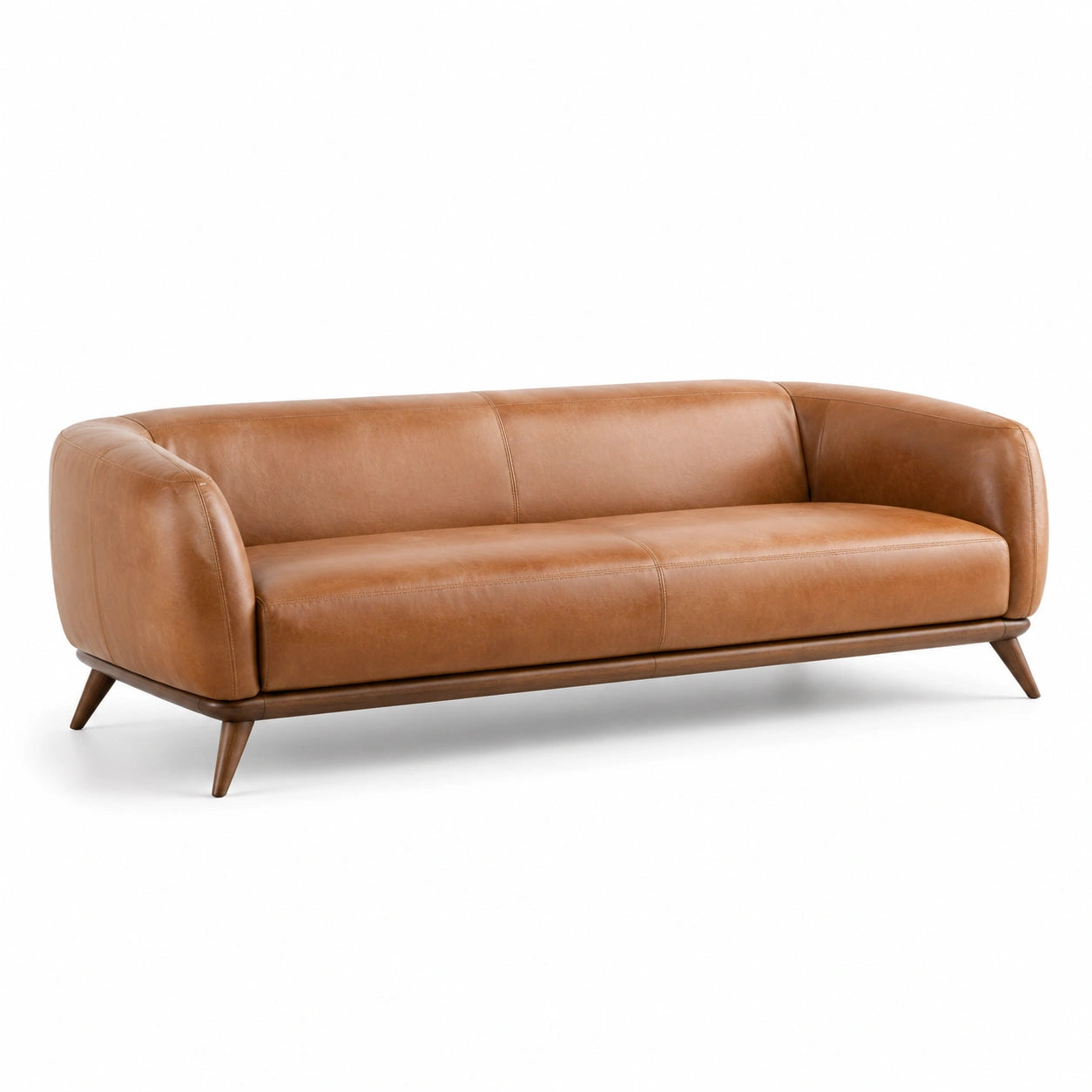 Canapé 3 places en matière synthétique aspect cuir cognac et bois marron, 220 x 90 x 78 cm, style rétro