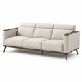 Canapé 3 places en tissu beige et bois marron, style scandinave, 220 x 90 x 90 cm