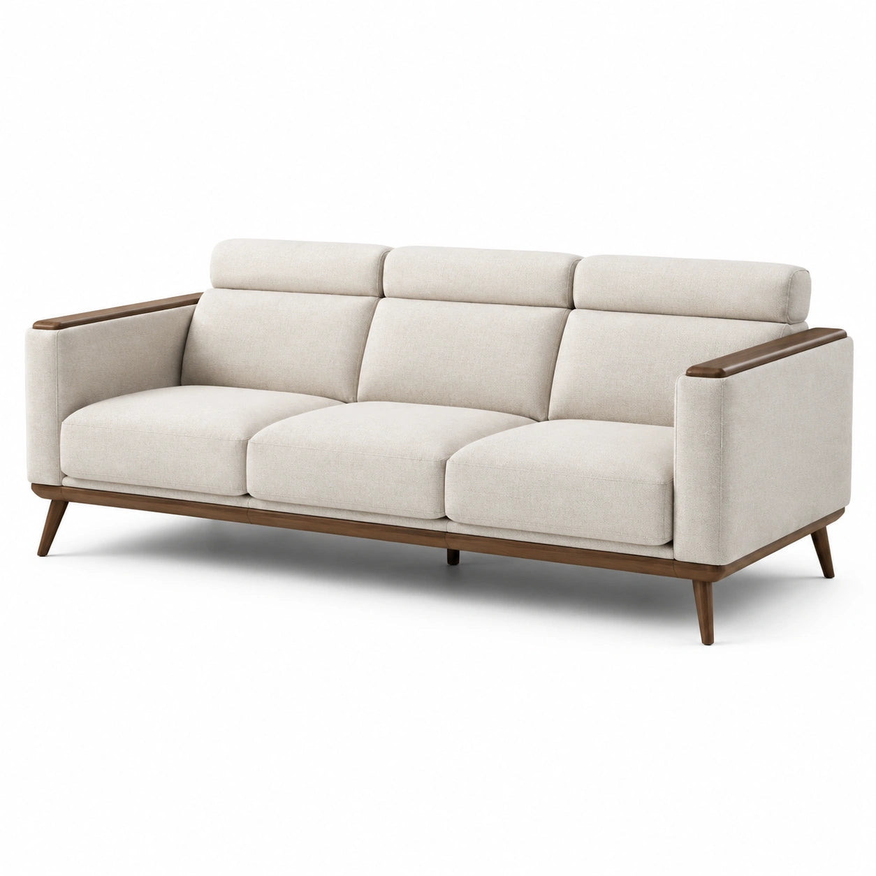 Canapé 3 places en tissu beige et bois marron, style scandinave, 220 x 90 x 90 cm