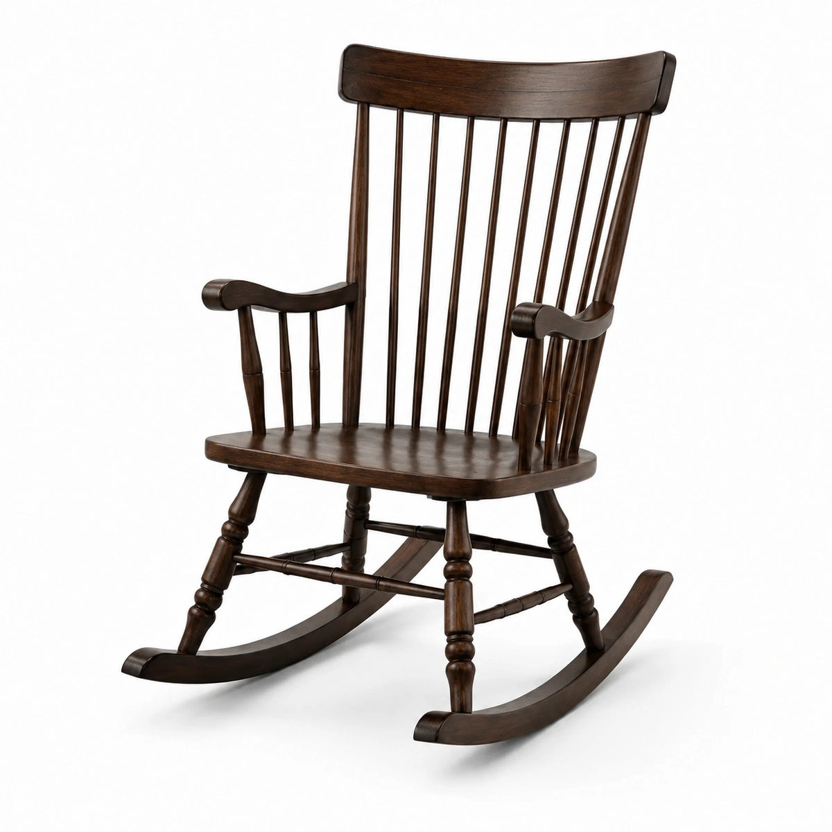 Fauteuil à bascule traditionnel en bois brun foncé avec accoudoirs, 66 x 88 x 108 cm