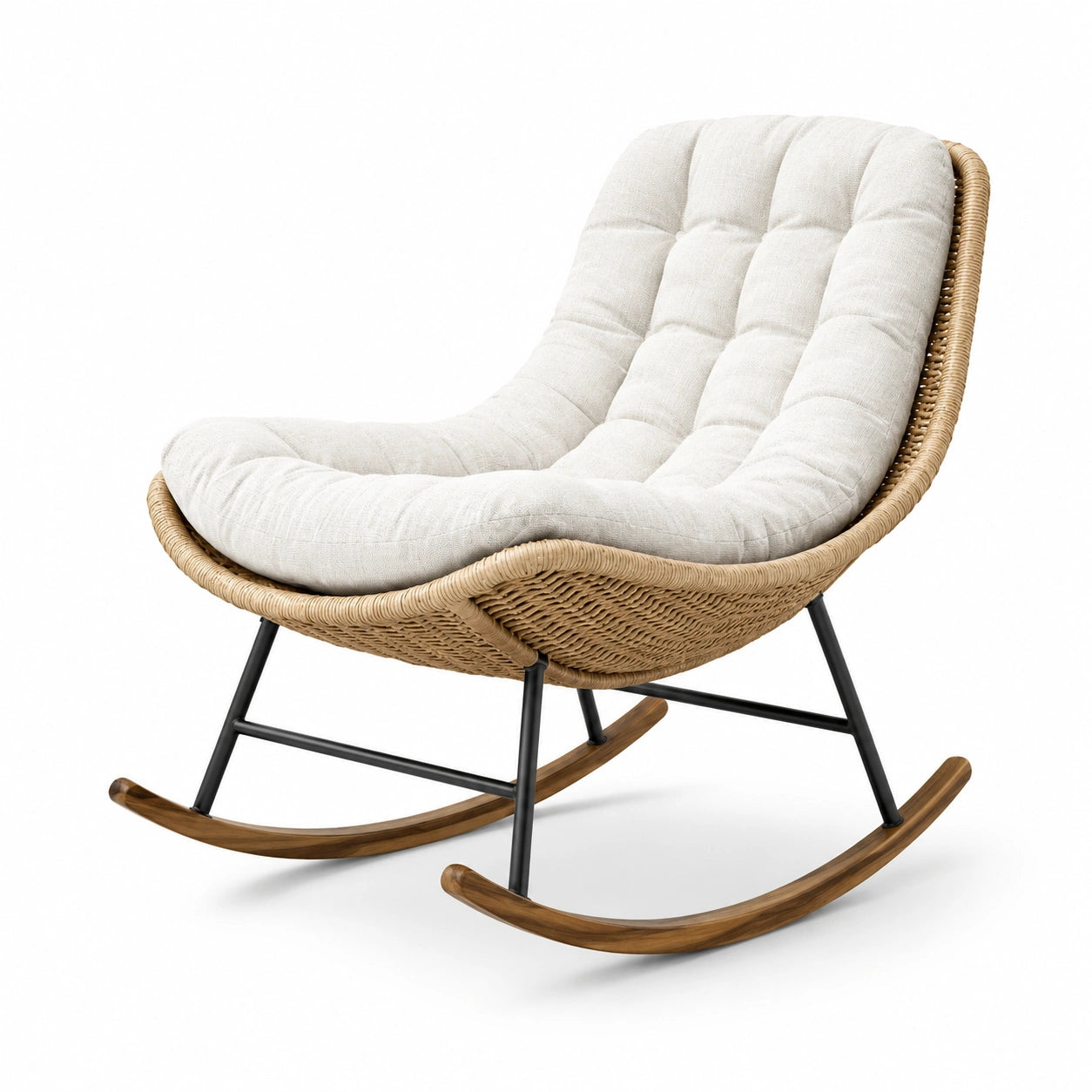 Fauteuil à bascule beige, écru, noir et marron en résine tressée, métal et bois, 99 x 75 x 94 cm