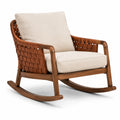 Fauteuil à bascule contemporain en bois brun avec sangles tressées et coussins beiges, 78 x 92 x 88 cm