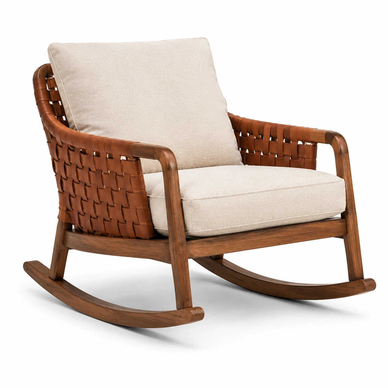 Fauteuil à bascule contemporain en bois brun avec sangles tressées et coussins beiges, 78 x 92 x 88 cm
