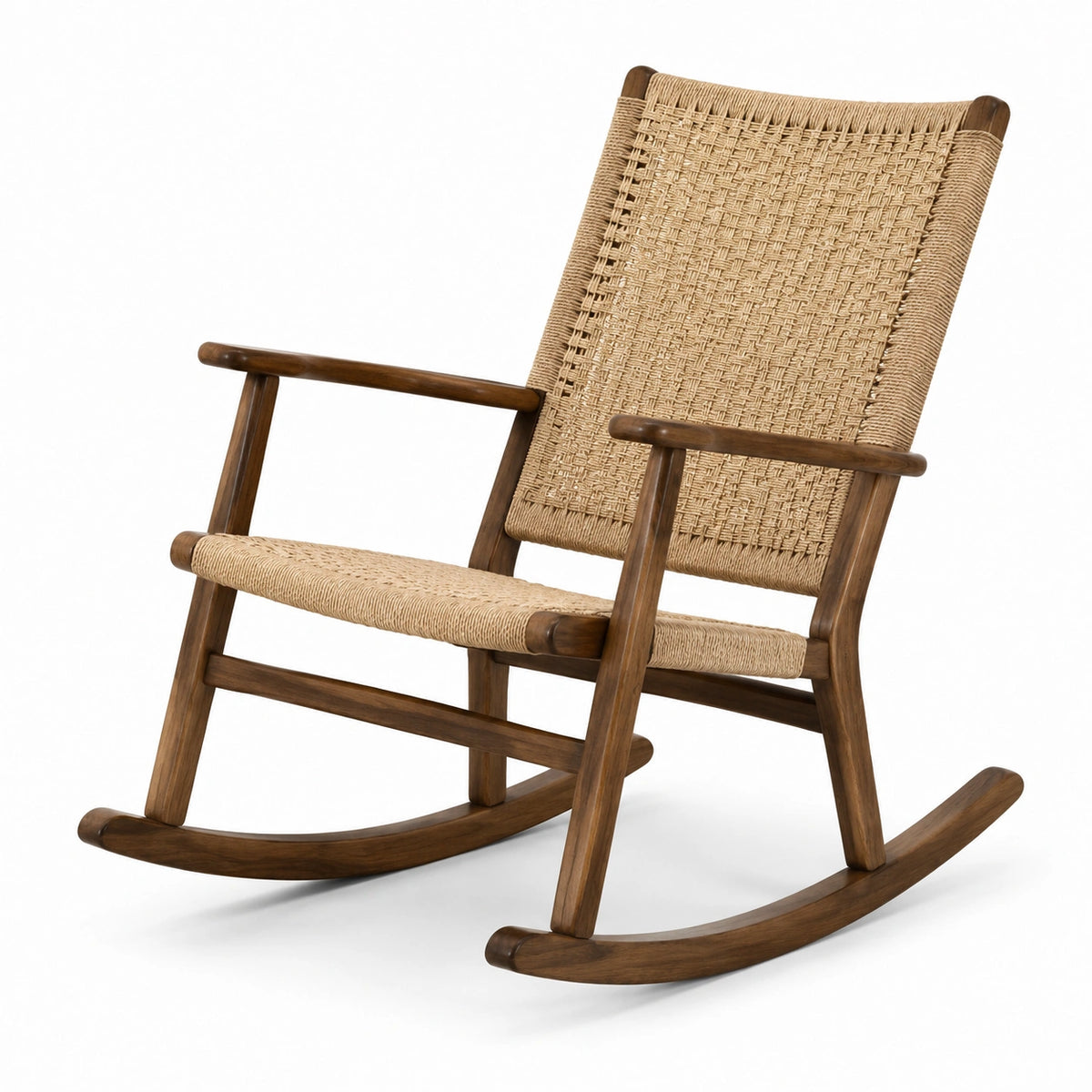 Fauteuil à bascule rétro en bois brun et corde beige tressée, 68 x 90 x 100 cm