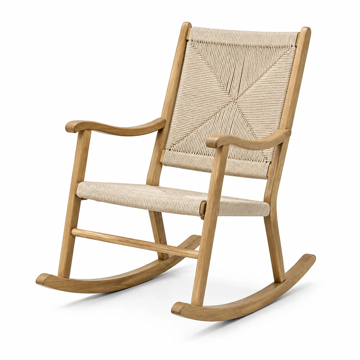 Fauteuil à bascule en bois naturel et corde beige avec accoudoirs, 70 x 90 x 105 cm