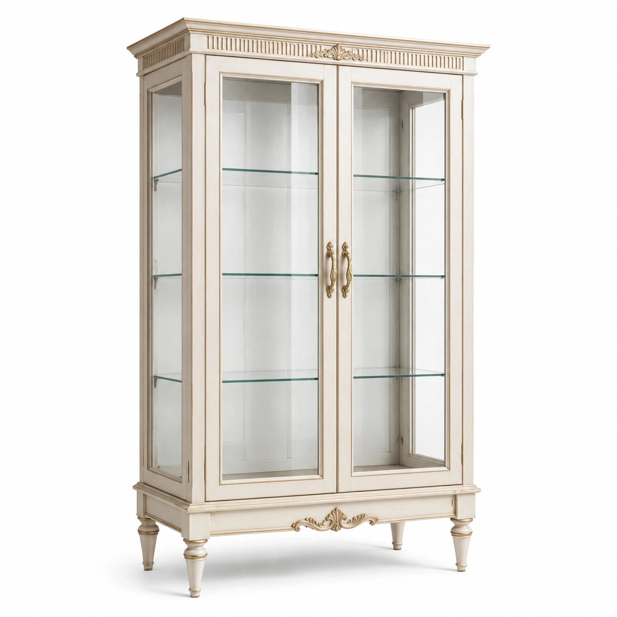 Vitrine en bois et verre blanc cassé et doré, 2 portes, 110 x 45 x 190 cm