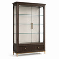 Vitrine en bois brun foncé et verre 110 x 45 x 190 cm avec éclairage intégré, 2 portes et 2 tiroirs