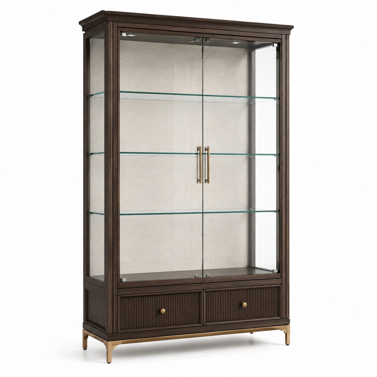Vitrine en bois brun foncé et verre 110 x 45 x 190 cm avec éclairage intégré, 2 portes et 2 tiroirs