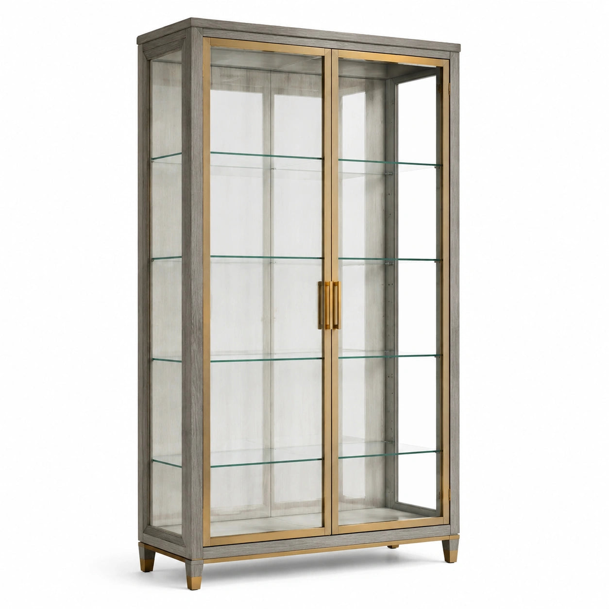 Vitrine contemporaine à 2 portes vitrées et 4 étagères, gris, laiton et transparent, 100 x 40 x 190 cm