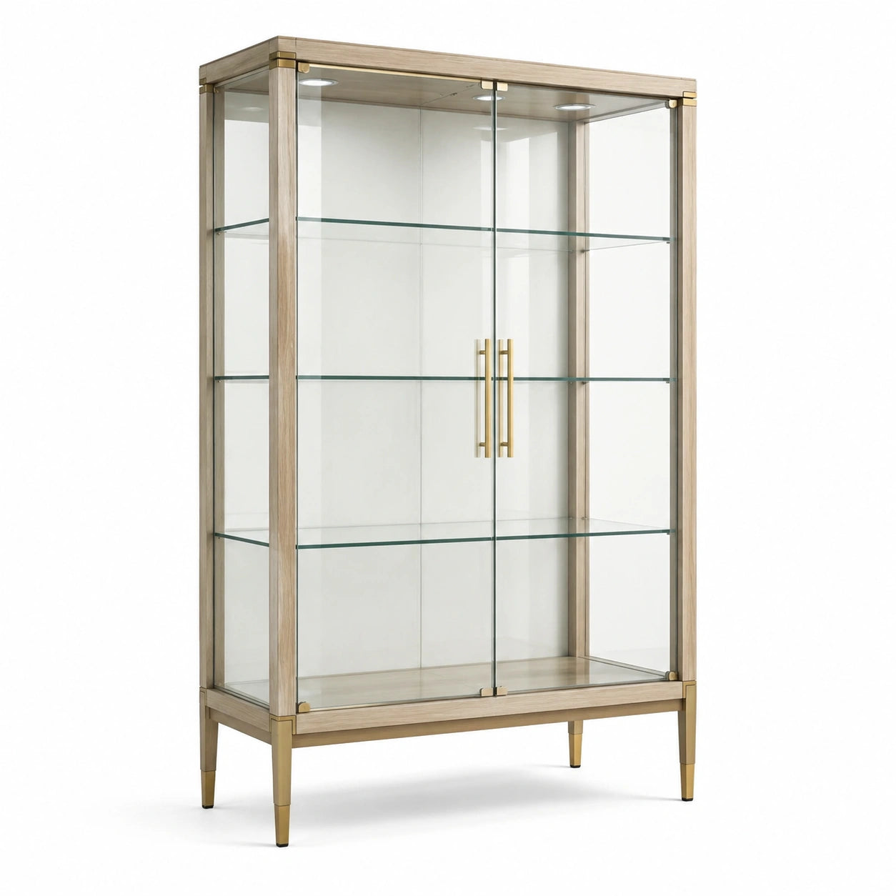 Vitrine en bois de chêne clair et verre transparent avec détails dorés et éclairage intégré, 100 x 40 x 180 cm