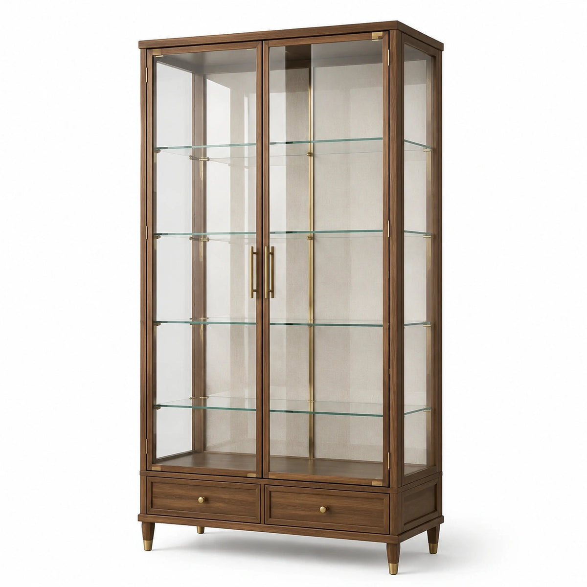 Vitrine en bois marron et verre transparent 100 x 40 x 190 cm avec 2 portes et 2 tiroirs
