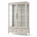 Armoire vitrine contemporaine à 2 portes et 2 tiroirs, blanc cassé, doré et verre transparent, 110 x 45 x 190 cm