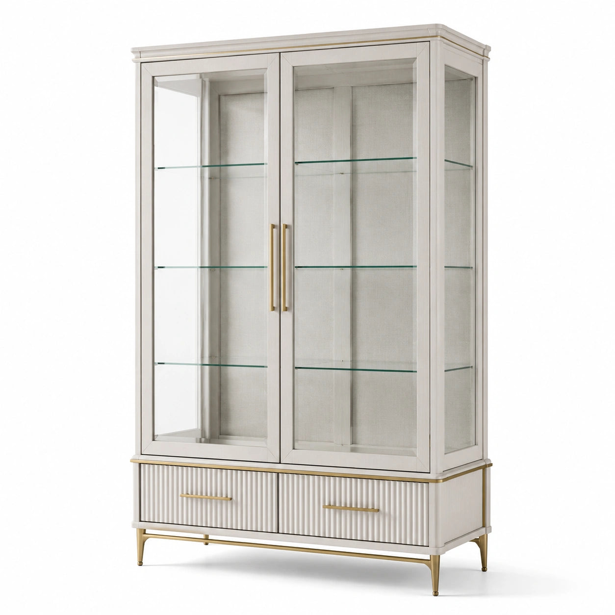 Armoire vitrine contemporaine à 2 portes et 2 tiroirs, blanc cassé, doré et verre transparent, 110 x 45 x 190 cm