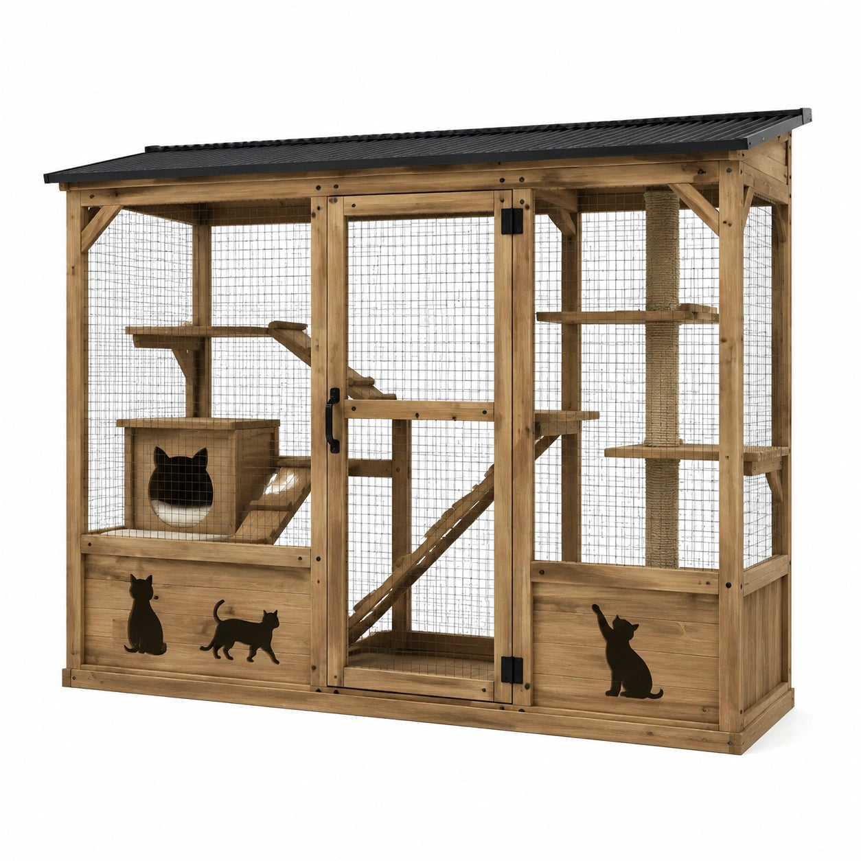 Enclos extérieur pour chats en bois brun et noir avec grillage métallique et toit incliné, 200 x 100 x 180 cm