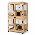 Cage pour chat à deux niveaux en bois et métal sur roulettes, 80 x 60 x 160 cm, bois naturel et noir