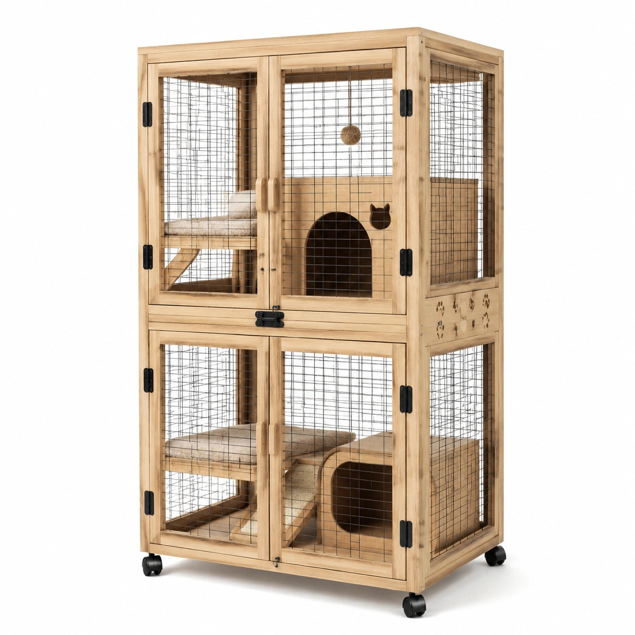 Cage pour chat à deux niveaux en bois et métal sur roulettes, 80 x 60 x 160 cm, bois naturel et noir