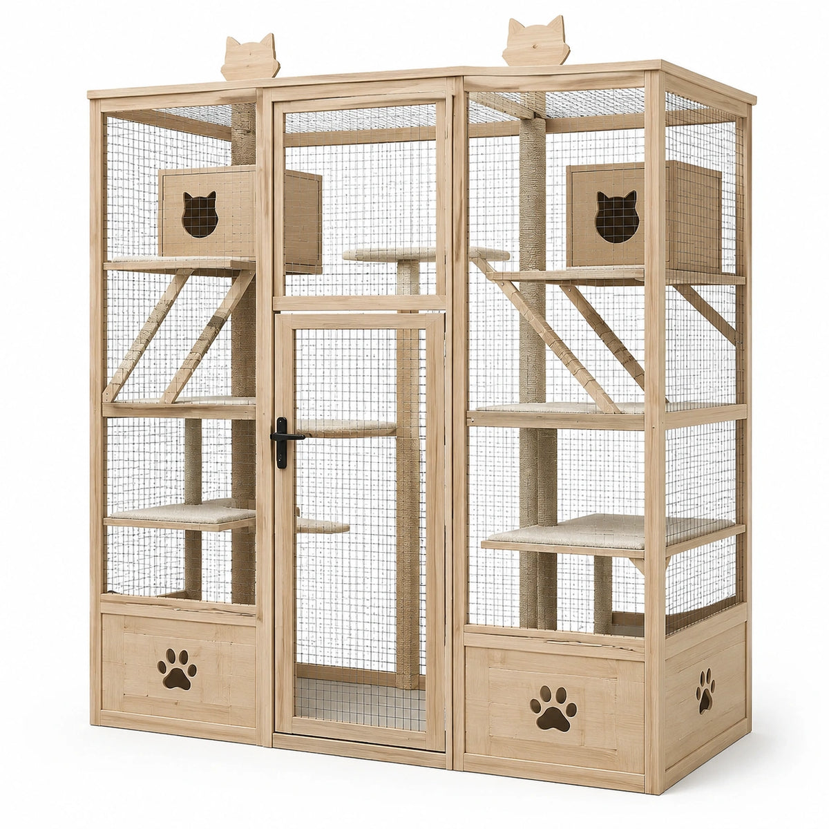 Enclos pour chat en bois naturel et grillage métallique avec aire de jeu multiniveau, 160 x 90 x 200 cm