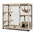 Cage pour chat en bois beige et métal noir, 120 x 60 x 130 cm, avec plateformes, maison, hamac et roulettes