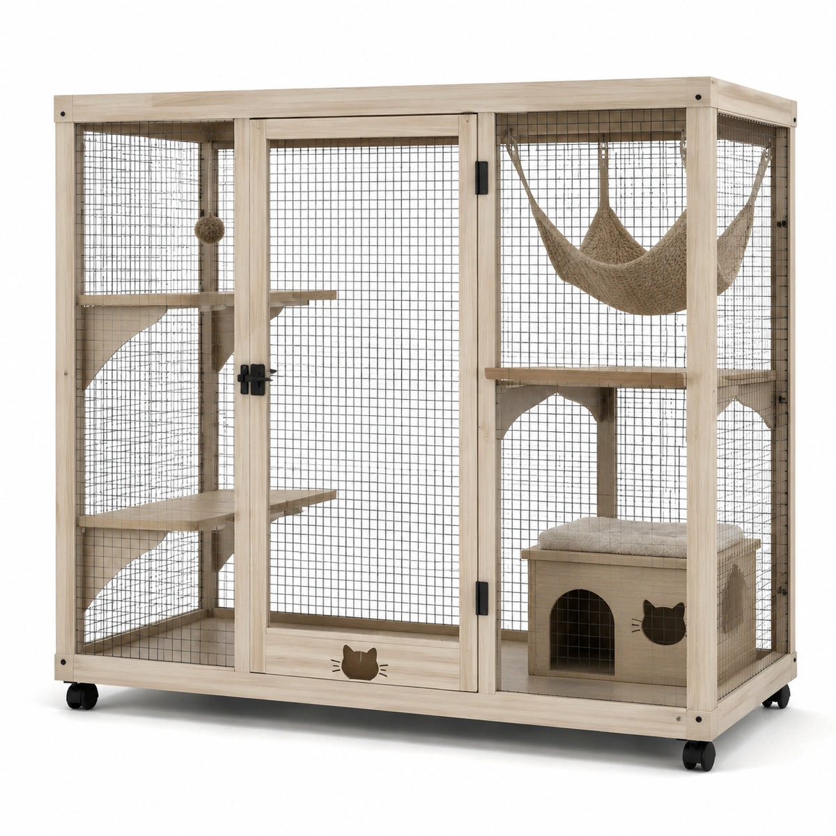 Cage pour chat en bois beige et métal noir, 120 x 60 x 130 cm, avec plateformes, maison, hamac et roulettes