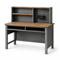 Bureau informatique avec étagères et panneau grillagé, 120 x 60 x 145 cm, brun, gris anthracite et noir