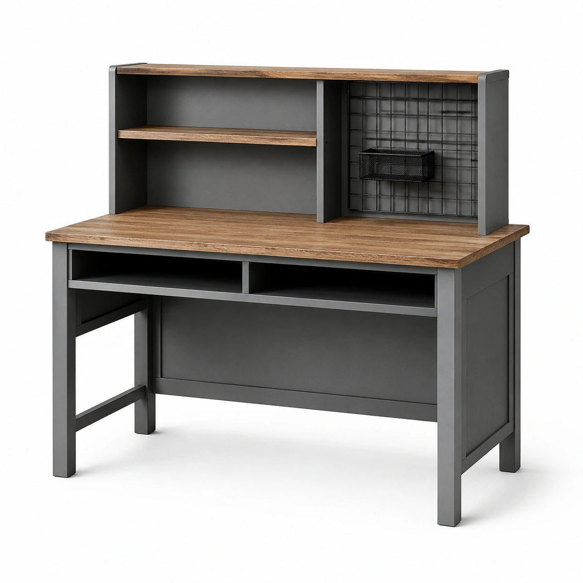 Bureau informatique avec étagères et panneau grillagé, 120 x 60 x 145 cm, brun, gris anthracite et noir