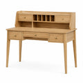 Bureau secrétaire en bois, chêne naturel et doré, 120 x 60 x 110 cm, 5 tiroirs et rangements intégrés, style scandinave