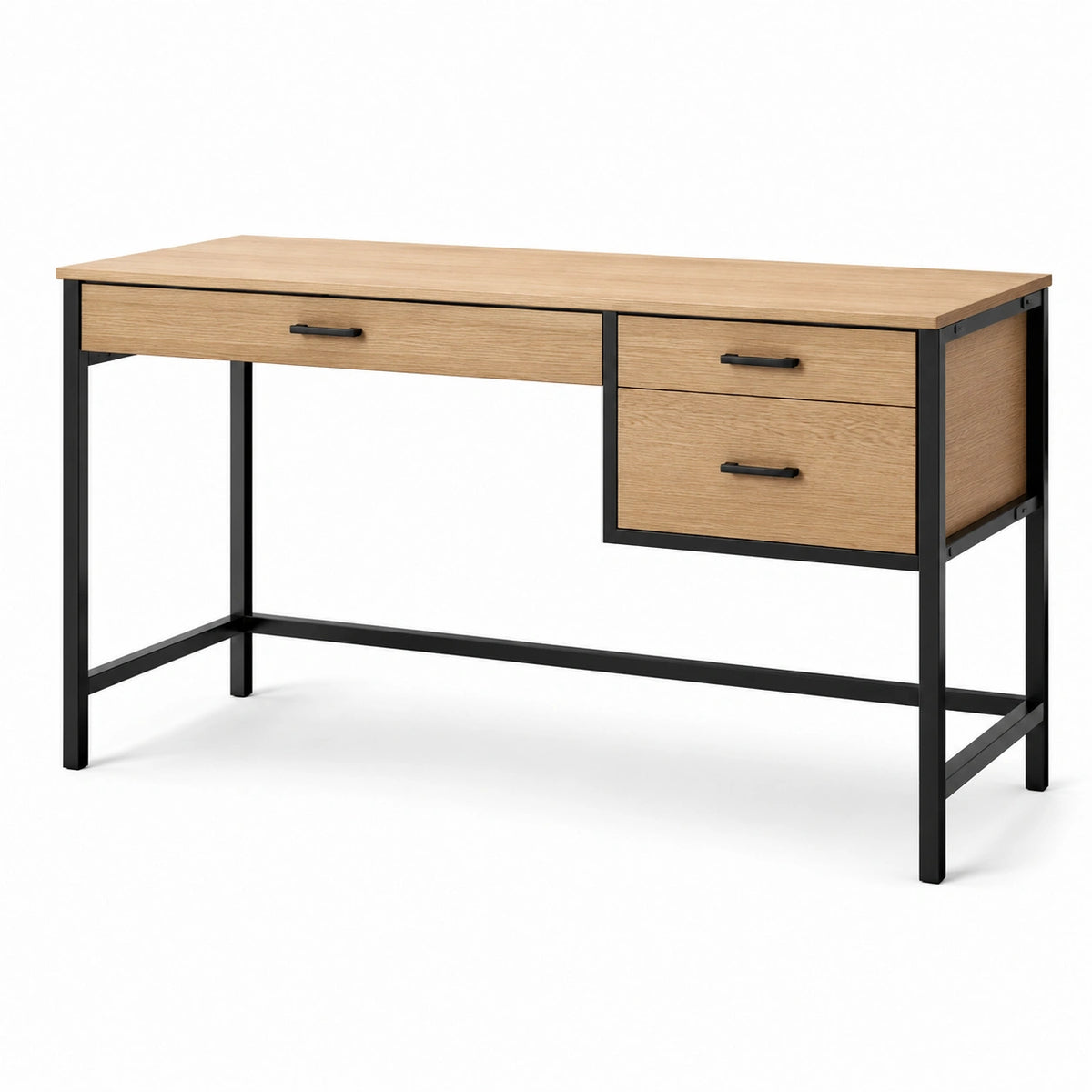 Bureau industriel à 3 tiroirs, chêne clair et métal noir, 120 x 50 x 76 cm