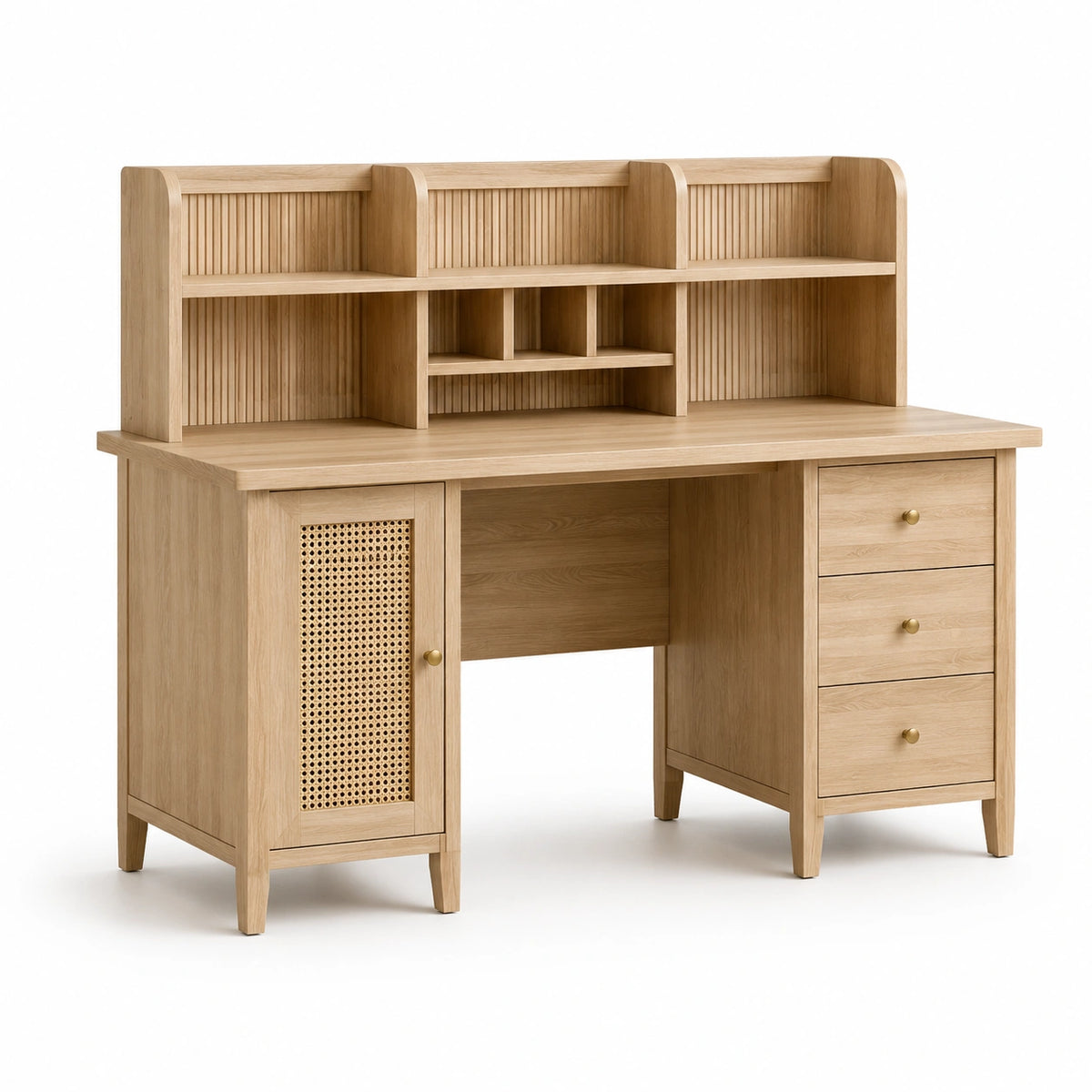 Bureau en bois naturel et cannage en rotin avec 3 tiroirs, 1 porte et rangements, 120 x 60 x 125 cm