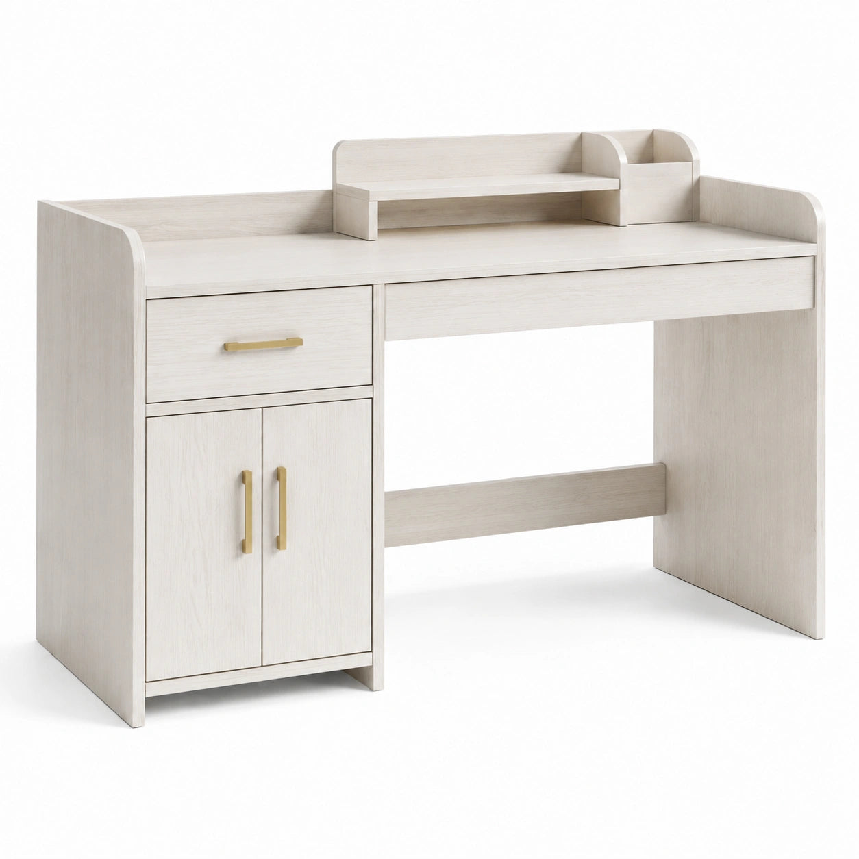 Bureau contemporain avec tiroir, placard et étagère, 120 x 55 x 100 cm, blanc cassé et doré
