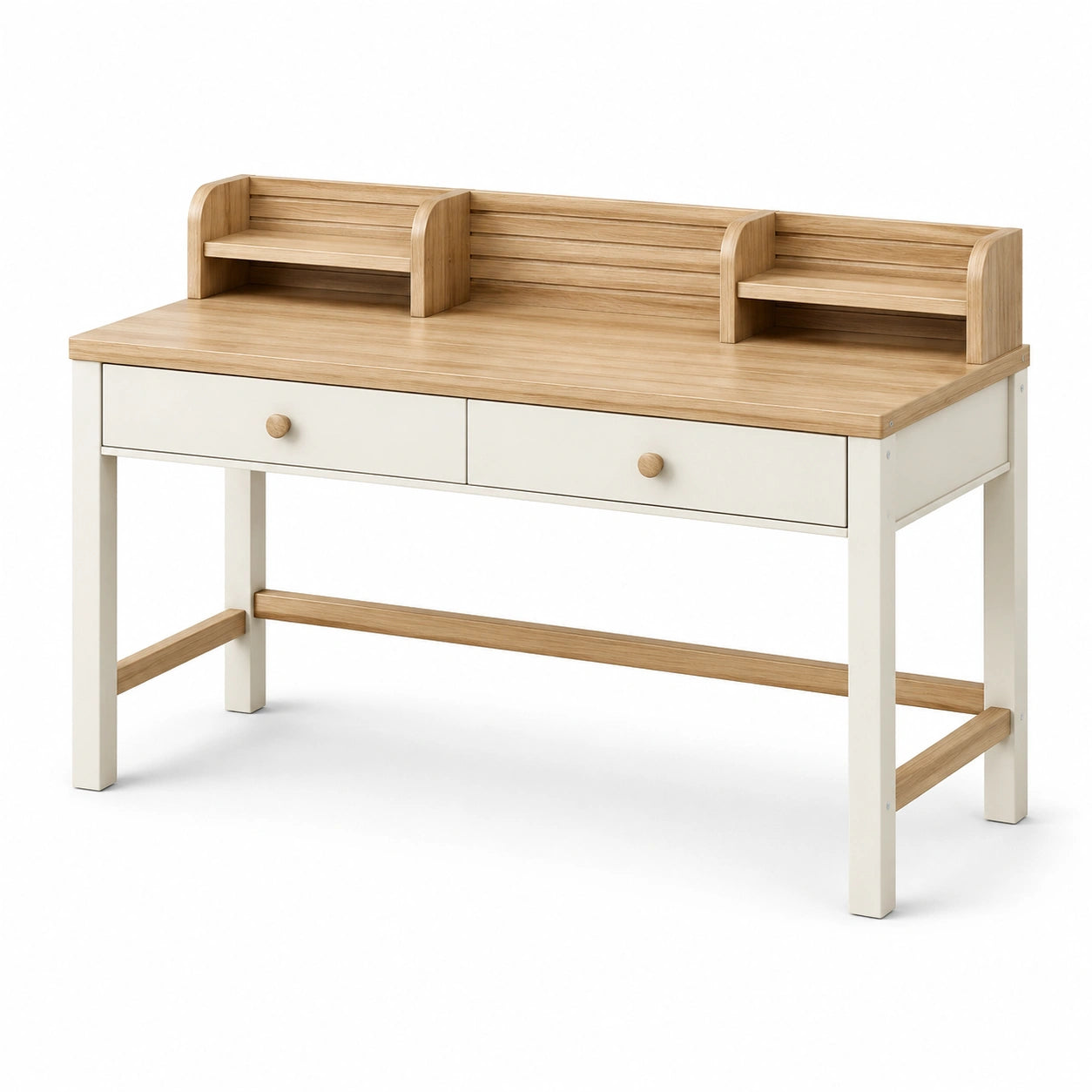 Bureau blanc cassé et bois naturel 120 x 55 x 100 cm avec 2 tiroirs et 2 étagères
