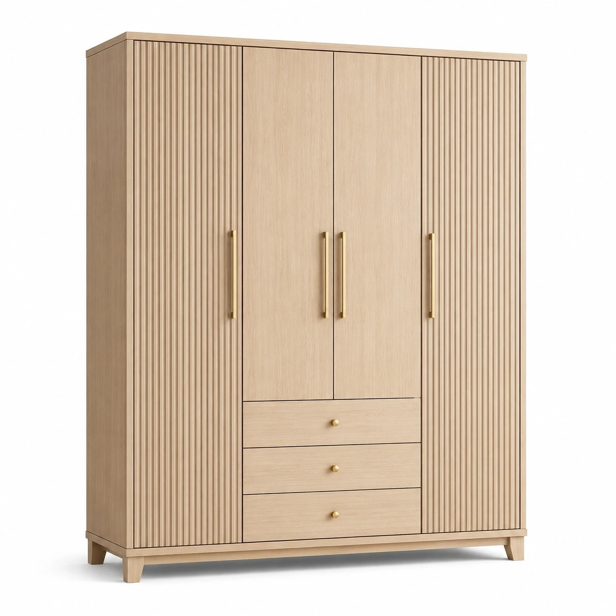 Armoire beige et dorée 180 x 55 x 200 cm avec 4 portes et 3 tiroirs, façades cannelées