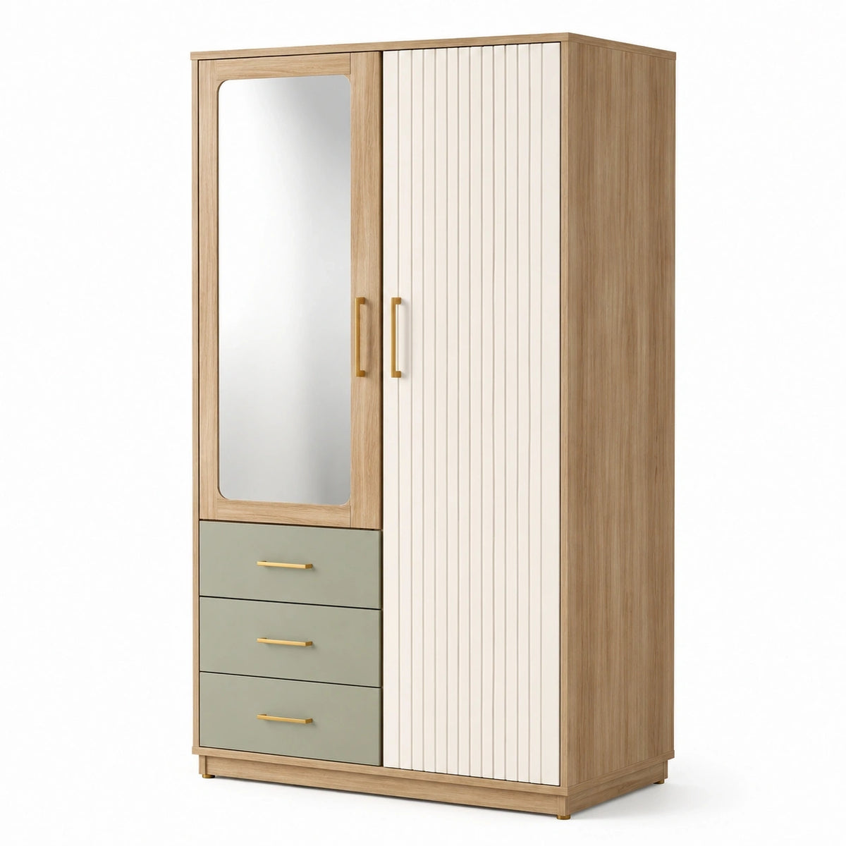 Armoire à 2 portes avec miroir et 3 tiroirs, 120 x 55 x 200 cm, chêne clair, crème et vert sauge