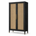 Armoire de rangement à 2 portes, 90 x 40 x 180 cm, noire avec cannage naturel et détails dorés