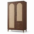 Armoire à 2 portes et 2 tiroirs, effet bois brun et panneaux tressés beiges, 100 x 55 x 180 cm