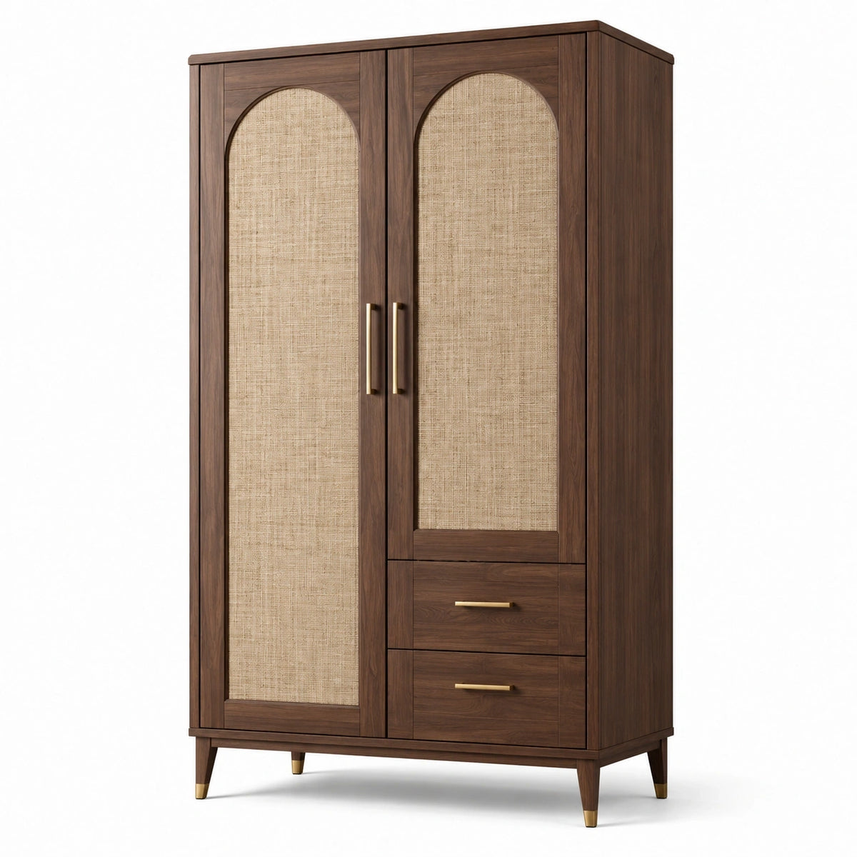 Armoire à 2 portes et 2 tiroirs, effet bois brun et panneaux tressés beiges, 100 x 55 x 180 cm