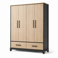 Armoire de rangement contemporaine beige et noire à 4 portes et 2 tiroirs, 160 x 55 x 200 cm