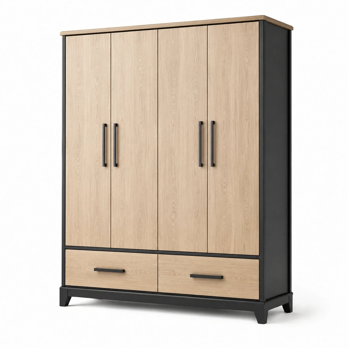 Armoire de rangement contemporaine beige et noire à 4 portes et 2 tiroirs, 160 x 55 x 200 cm
