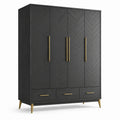 Armoire à 4 portes et 3 tiroirs en bois noir et métal doré, 160 x 55 x 200 cm, style contemporain